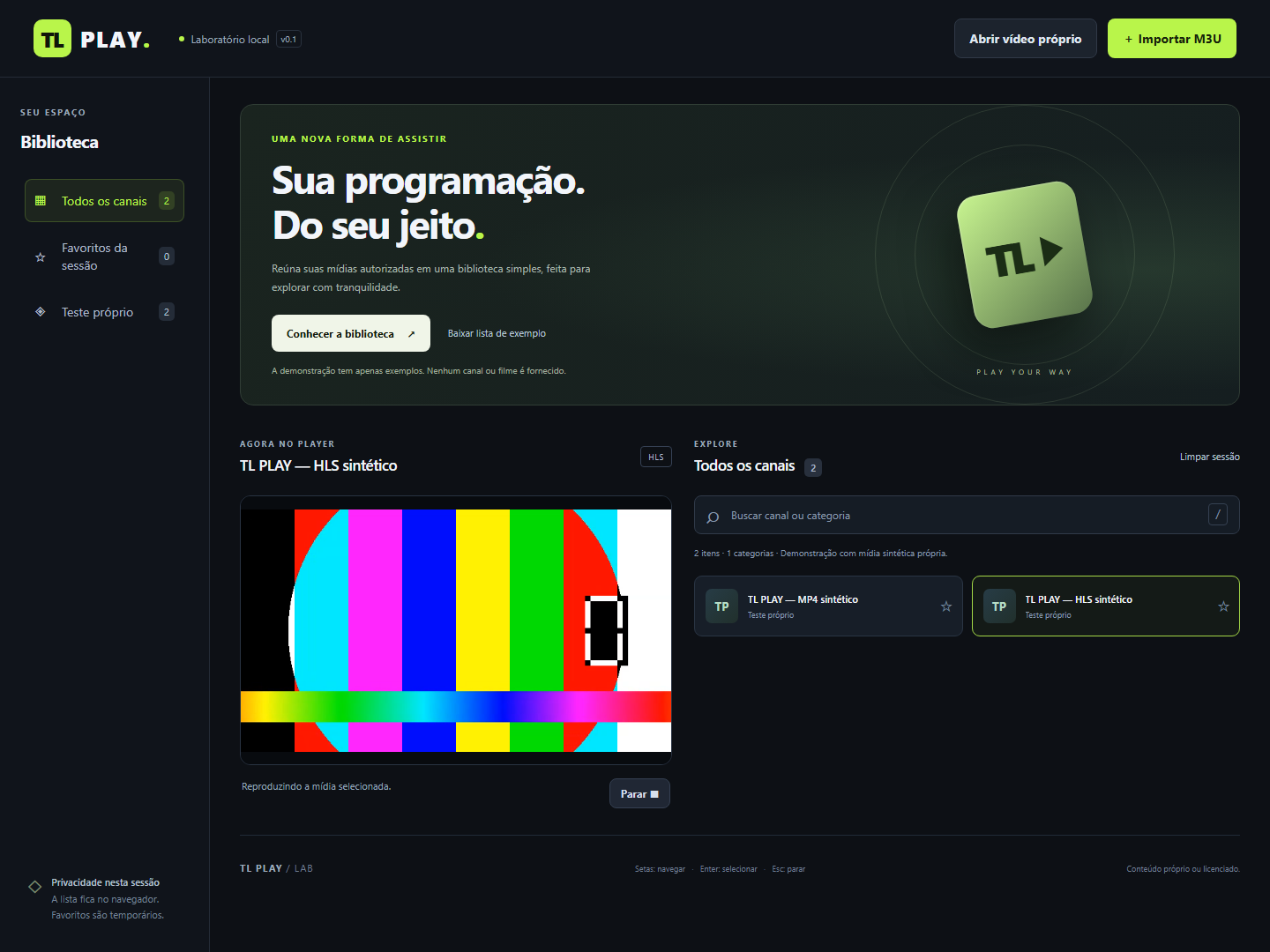 Player web TL PLAY com uma demonstração HLS sintética e duas mídias de teste próprias.