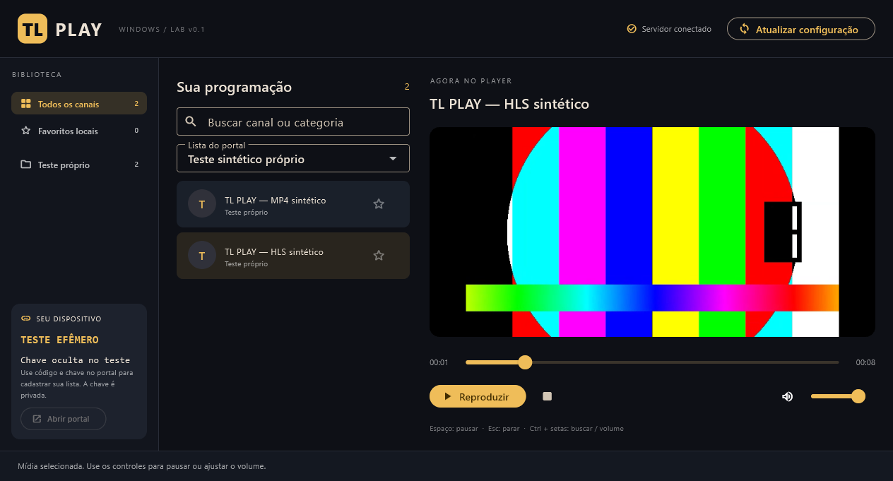 Interface TL PLAY Windows mostrando duas mídias sintéticas próprias, categorias, busca e reprodução.